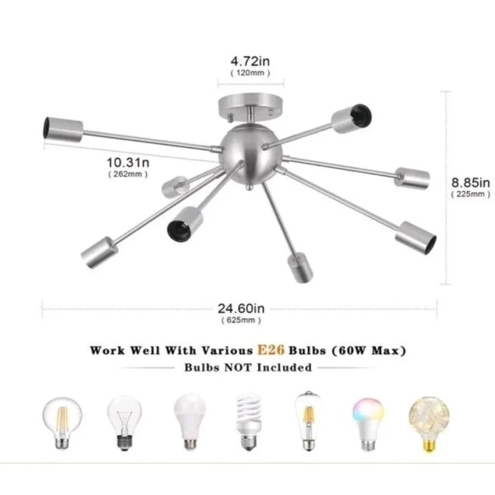 Chandelier Nickel Ceiling Lamp Semi Flush Mount 8-Light Sputnik Light Fixture